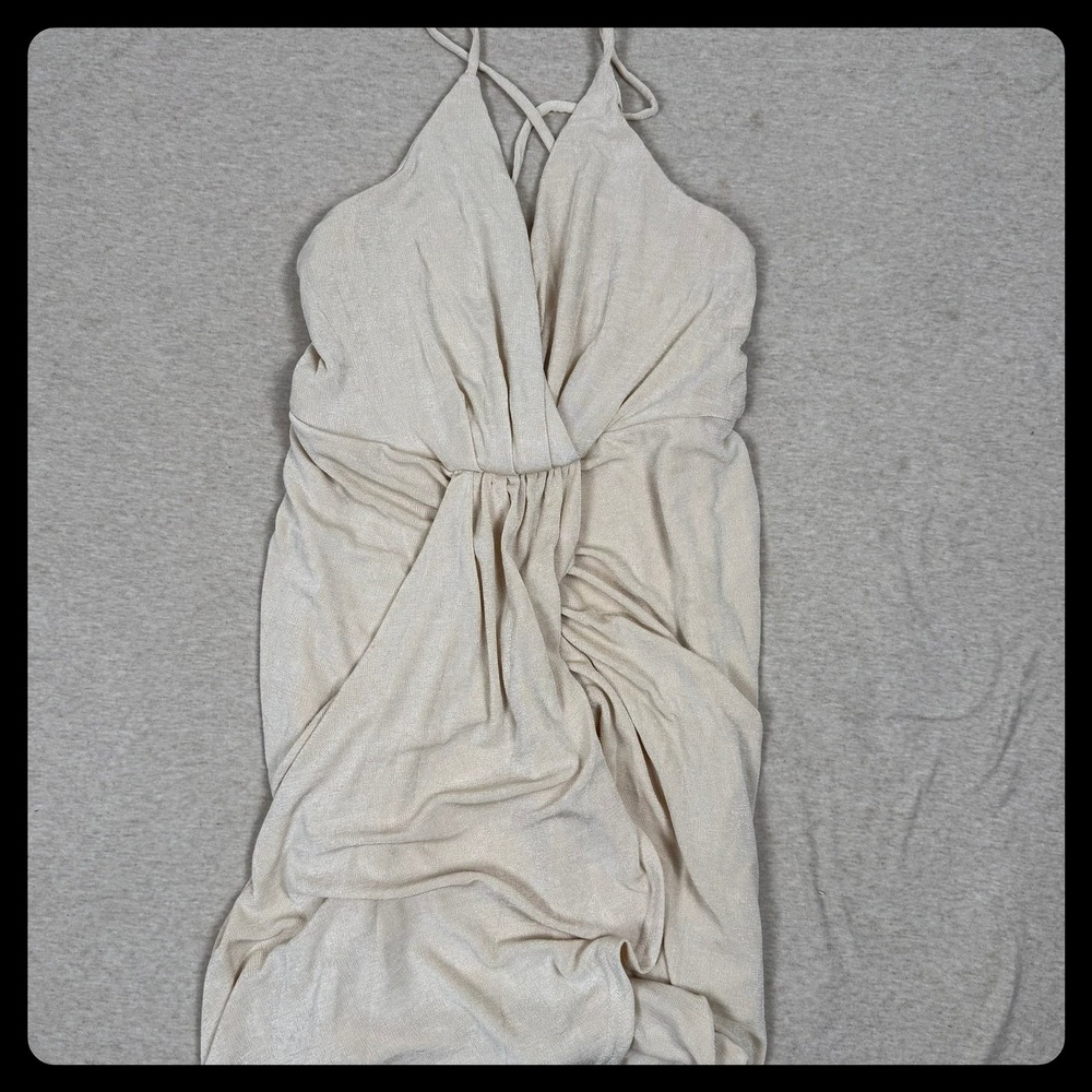 Mable‎ Ruched Wrap Maxi Dress Beige Spaghetti Strap Halter Neck Size S